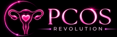 Logo for PCOS Revolution with a stylized uterine diagram and pink text on a black background